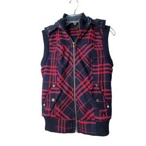 NIKIBIKI‎ plaid zip up hooded black & red vest Sz L